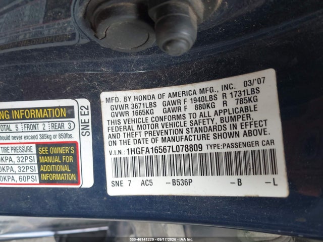 46141229 :رقم المزاد ، 1HGFA16567L078809 vin ، 2007 Honda Civic Lx مزاد بيع