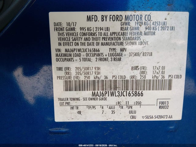 Aukcja sprzedaży 2018 Ford Ecosport Titanium, vin: MAJ6P1WL3JC165866, numer aukcji: 46141233