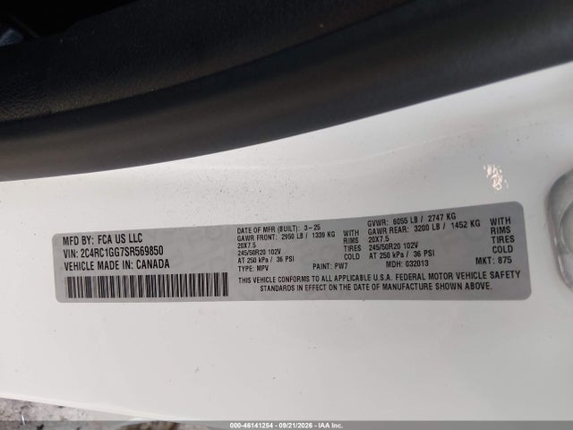 Aukcja sprzedaży 2025 Chrysler Pacifica Limited, vin: 2C4RC1GG7SR569850, numer aukcji: 46141254