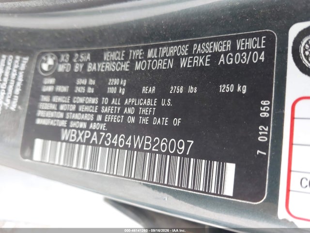 Aukcja sprzedaży 2004 Bmw X3 2.5i, vin: WBXPA73464WB26097, numer aukcji: 46141260