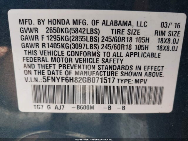 5FNYF6H82GB071517 Honda Pilot Ex-l