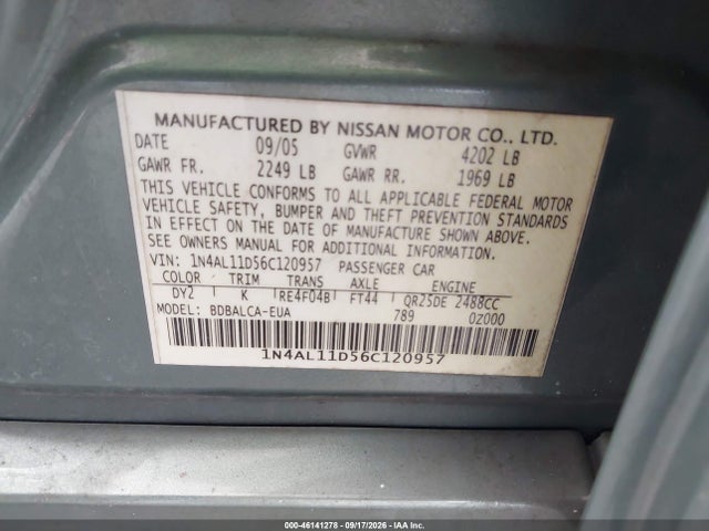 2006 Nissan Altima 2.5 S მანქანა იყიდება აუქციონზე, vin: 1N4AL11D56C120957, აუქციონის ნომერი: 46141278
