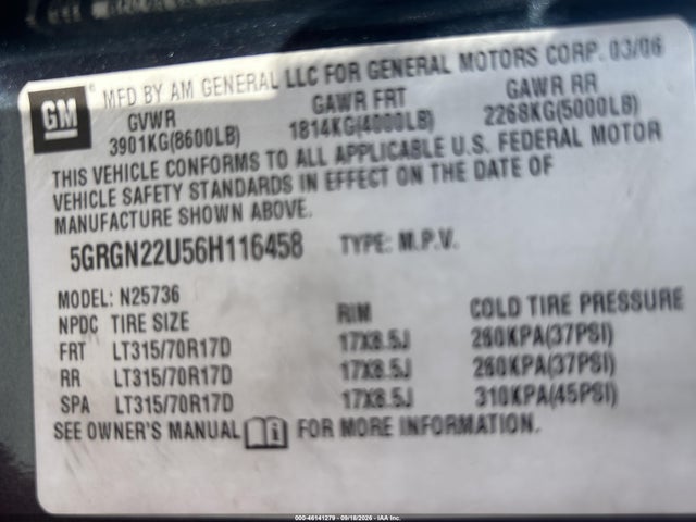 2006 Hummer H2 Sut მანქანა იყიდება აუქციონზე, vin: 5GRGN22U56H116458, აუქციონის ნომერი: 46141279