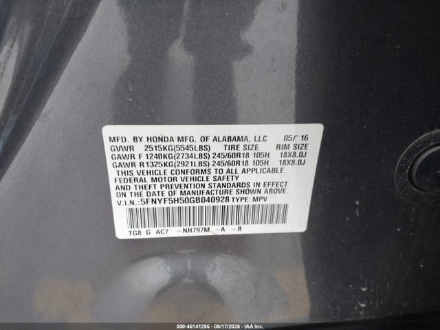 2016 Honda Pilot Ex-l მანქანა იყიდება აუქციონზე, vin: 5FNYF5H50GB040928, აუქციონის ნომერი: 46141295