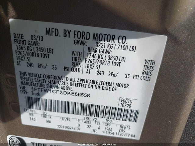 2013 Ford F-150 Xlt მანქანა იყიდება აუქციონზე, vin: 1FTFW1CFXDKE66558, აუქციონის ნომერი: 46141301