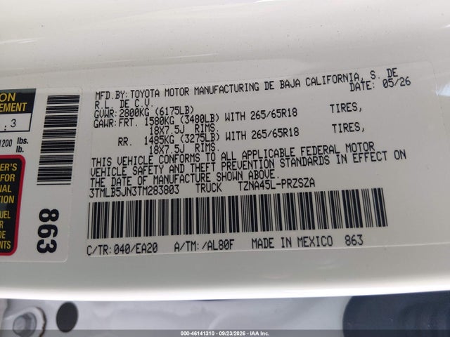 46141310 :رقم المزاد ، 3TMLB5JN3TM283803 vin ، 2026 Toyota Tacoma Trd Sport مزاد بيع