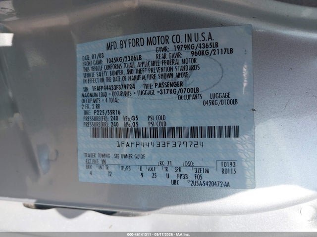 46141311 :رقم المزاد ، 1FAFP44433F379724 vin ، 2003 Ford Mustang مزاد بيع