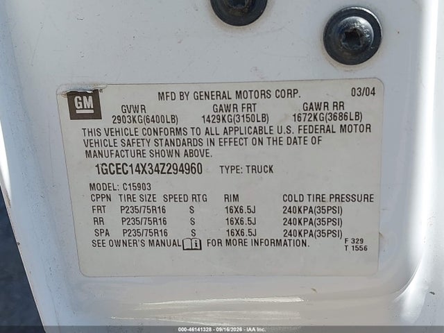 2004 Chevrolet Silverado 1500 Work Truck მანქანა იყიდება აუქციონზე, vin: 1GCEC14X34Z294960, აუქციონის ნომერი: 46141328
