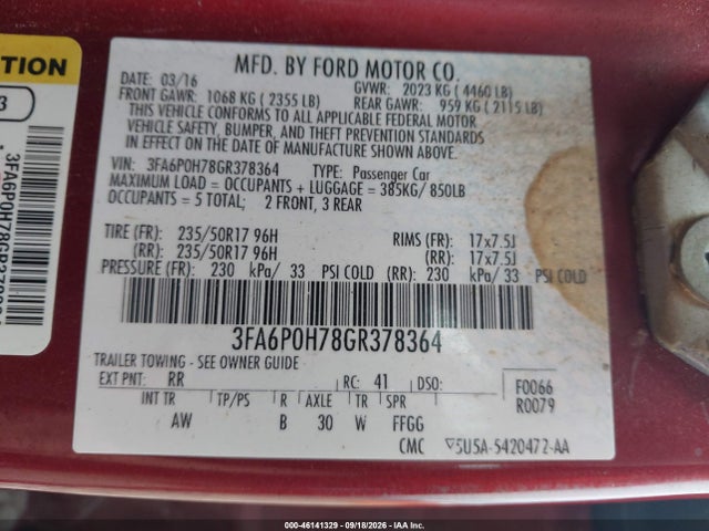 46141329 :رقم المزاد ، 3FA6P0H78GR378364 vin ، 2016 Ford Fusion Se مزاد بيع