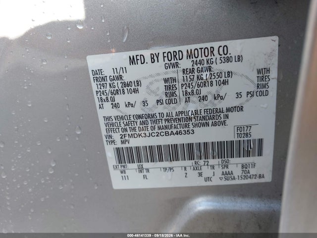 46141339 :رقم المزاد ، 2FMDK3JC2CBA46353 vin ، 2012 Ford Edge Sel مزاد بيع