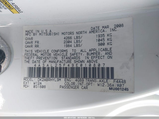 46141340 :رقم المزاد ، 4A3AL25F49E010807 vin ، 2009 Mitsubishi Eclipse Spyder Gs مزاد بيع