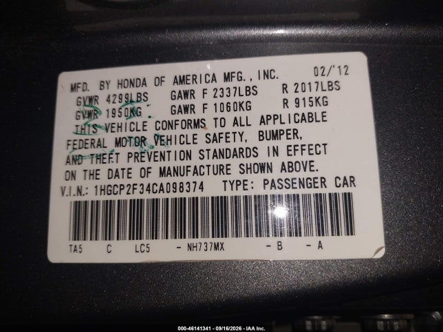 46141341 :رقم المزاد ، 1HGCP2F34CA098374 vin ، 2012 Honda Accord 2.4 Lx مزاد بيع