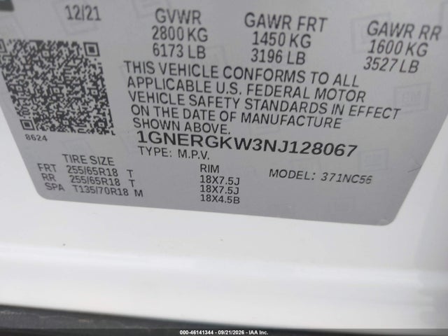 46141344 :رقم المزاد ، 1GNERGKW3NJ128067 vin ، 2022 Chevrolet Traverse Fwd Lt Cloth مزاد بيع