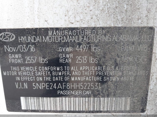 2017 Hyundai Sonata მანქანა იყიდება აუქციონზე, vin: 5NPE24AF8HH522531, აუქციონის ნომერი: 46141351