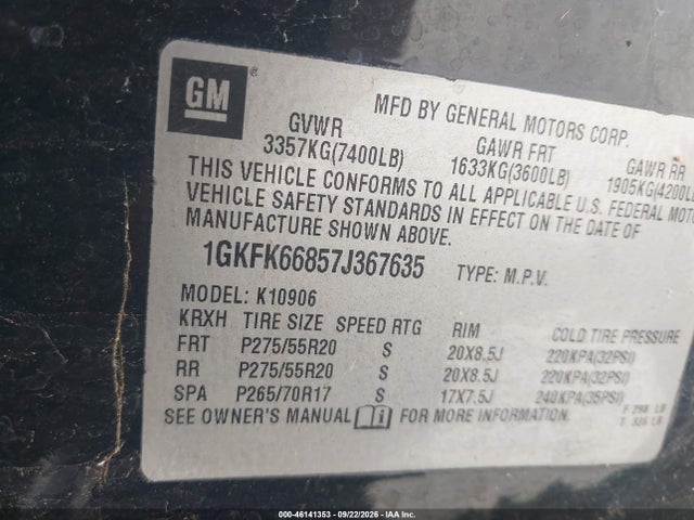 2007 Gmc Yukon Xl 1500 Denali მანქანა იყიდება აუქციონზე, vin: 1GKFK66857J367635, აუქციონის ნომერი: 46141353