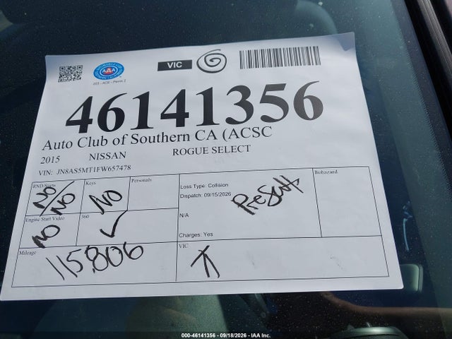 46141356 :رقم المزاد ، JN8AS5MT1FW657478 vin ، 2015 Nissan Rogue Select S مزاد بيع