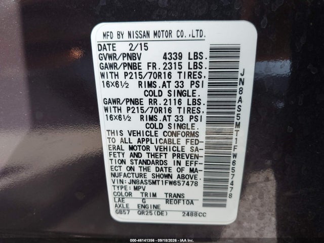 46141356 :رقم المزاد ، JN8AS5MT1FW657478 vin ، 2015 Nissan Rogue Select S مزاد بيع
