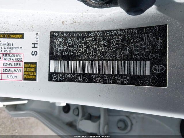 Aukcja sprzedaży 2022 Toyota Corolla Hybrid Le, vin: JTDEAMDE0N3002451, numer aukcji: 46141381