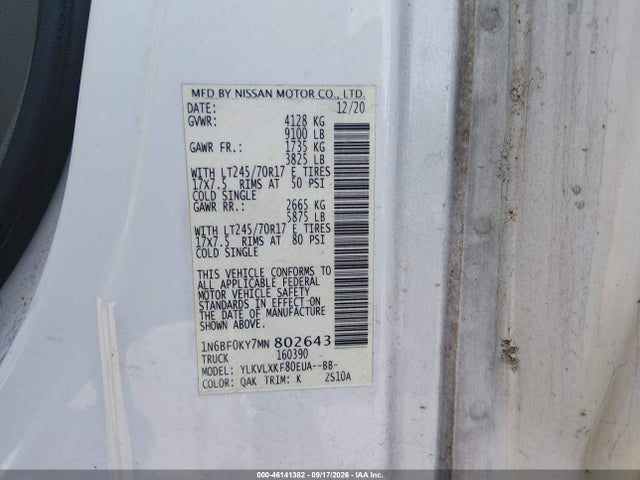 2021 Nissan Nv Cargo Nv2500 Hd Sv Standard Roof V6 მანქანა იყიდება აუქციონზე, vin: 1N6BF0KY7MN802643, აუქციონის ნომერი: 46141382