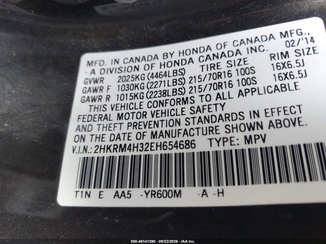 Продажа на аукционе авто 2014 Honda Cr-v Lx, vin: 2HKRM4H32EH654686, номер лота: 46141390