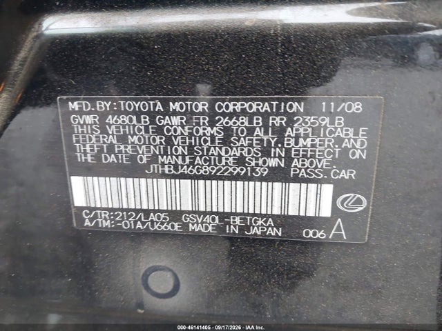 Aukcja sprzedaży 2009 Lexus Es 350, vin: JTHBJ46G892299139, numer aukcji: 46141405