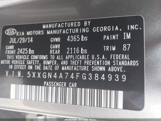 Продаж на аукціоні авто 2015 Kia Optima Ex, vin: 5XXGN4A74FG384939, номер лоту: 46141406