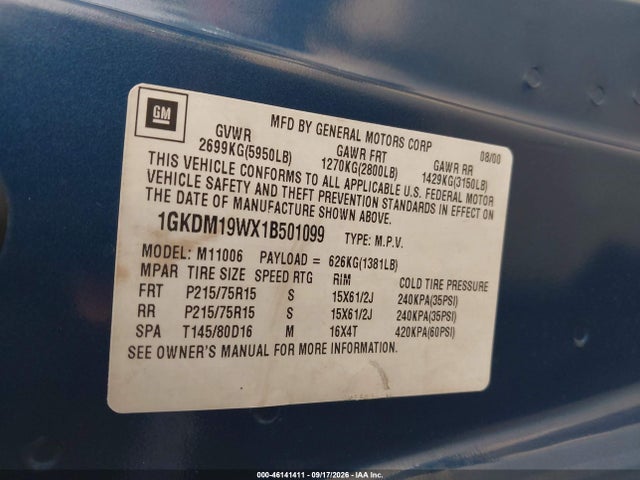 Продаж на аукціоні авто 2001 Gmc Safari Sle, vin: 1GKDM19WX1B501099, номер лоту: 46141411