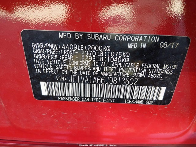 Продаж на аукціоні авто 2018 Subaru Wrx, vin: JF1VA1A66J9813602, номер лоту: 46141423