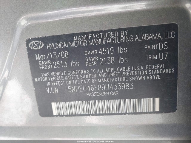 46141433 :رقم المزاد ، 5NPEU46F89H433983 vin ، 2009 Hyundai Sonata Limited V6 مزاد بيع