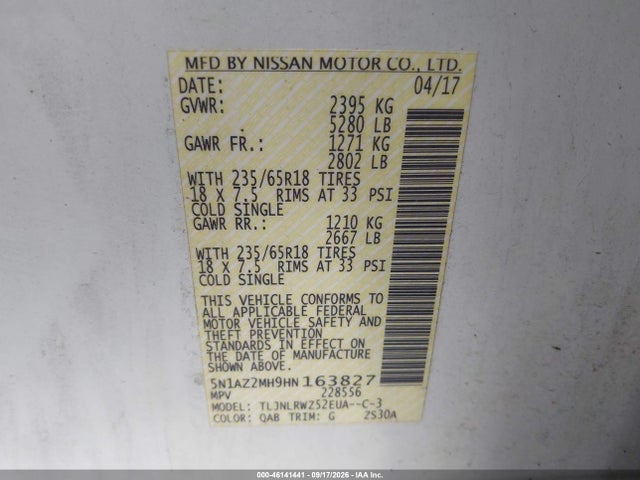 Продажа на аукционе авто 2017 Nissan Murano Sl, vin: 5N1AZ2MH9HN163827, номер лота: 46141441