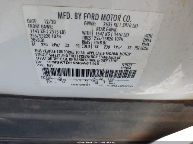 46141444 :رقم المزاد ، 1FMSK7DH5MGA61445 vin ، 2021 Ford Explorer Xlt مزاد بيع