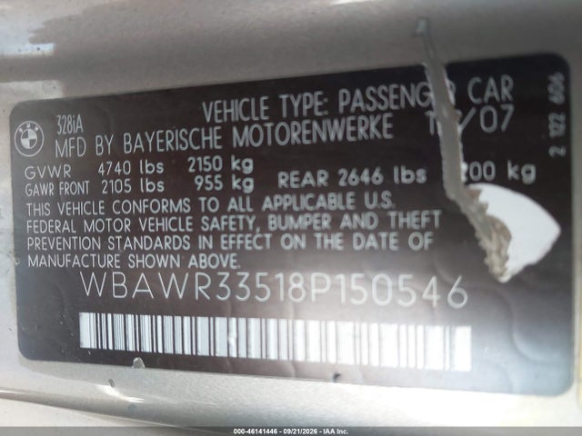 Aukcja sprzedaży 2008 Bmw 328i, vin: WBAWR33518P150546, numer aukcji: 46141446
