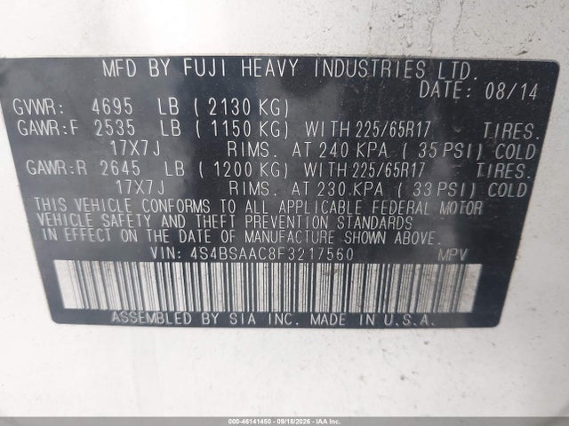 Aukcja sprzedaży 2015 Subaru Outback 2.5i, vin: 4S4BSAAC8F3217560, numer aukcji: 46141450