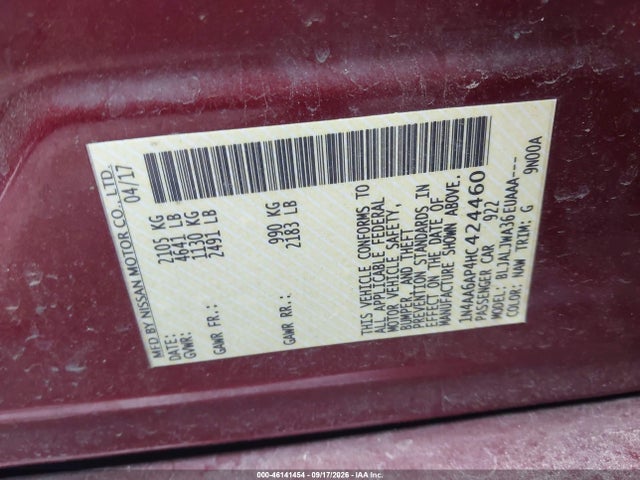 Продажа на аукционе авто 2017 Nissan Maxima 3.5 Sv, vin: 1N4AA6AP4HC424460, номер лота: 46141454