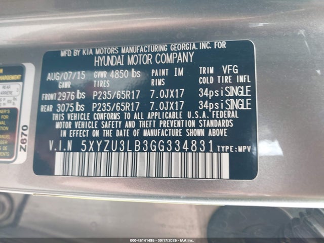 46141495 :رقم المزاد ، 5XYZU3LB3GG334831 vin ، 2016 Hyundai Santa Fe Sport 2.4l مزاد بيع
