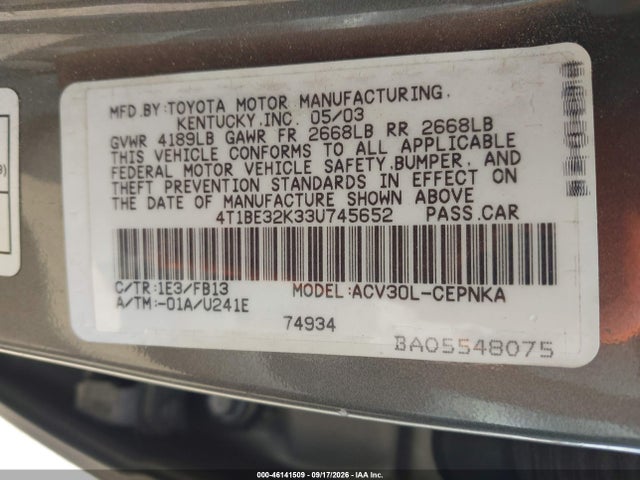 Продажа на аукционе авто 2003 Toyota Camry Le, vin: 4T1BE32K33U745652, номер лота: 46141509