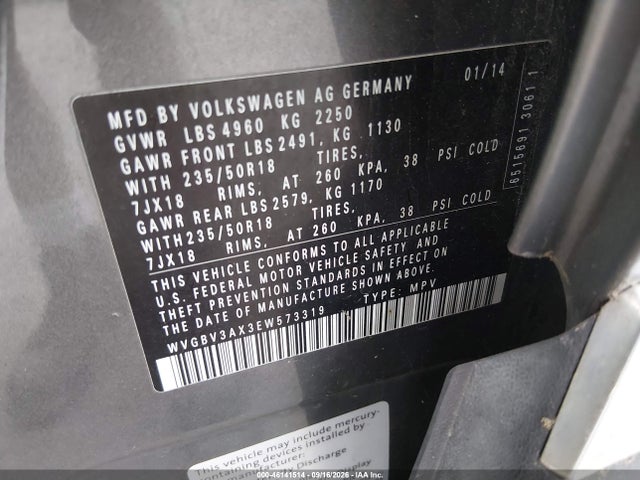 Продаж на аукціоні авто 2014 Volkswagen Tiguan Sel, vin: WVGBV3AX3EW573319, номер лоту: 46141514