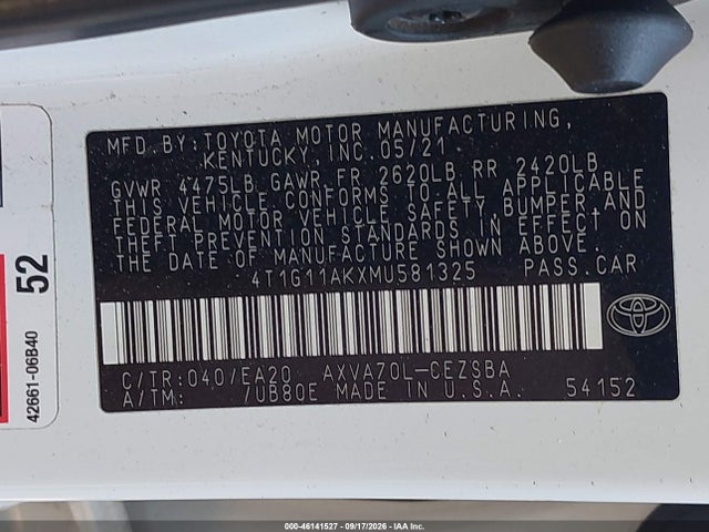 Aukcja sprzedaży 2021 Toyota Camry Se, vin: 4T1G11AKXMU581325, numer aukcji: 46141527
