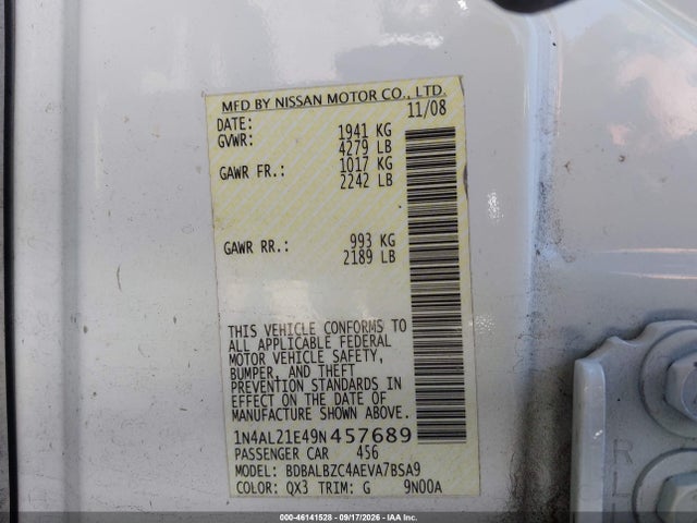 Продаж на аукціоні авто 2009 Nissan Altima 2.5 S, vin: 1N4AL21E49N457689, номер лоту: 46141528