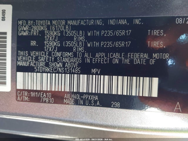 Продажа на аукционе авто 2022 Toyota Sienna Xle, vin: 5TDYRKEC7NS131485, номер лота: 46141529