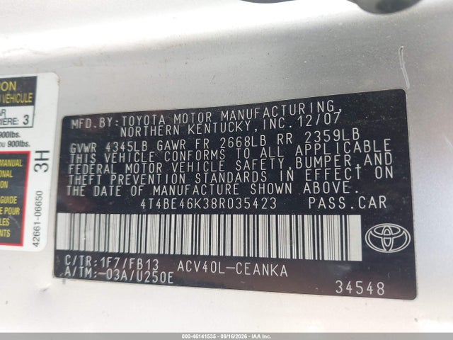 2008 Toyota Camry Le მანქანა იყიდება აუქციონზე, vin: 4T4BE46K38R035423, აუქციონის ნომერი: 46141535