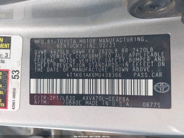 Продаж на аукціоні авто 2021 Toyota Camry Xse, vin: 4T1K61AK6MU438366, номер лоту: 46141545