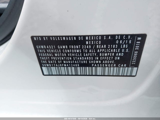Продаж на аукціоні авто 2015 Volkswagen Jetta 1.8t Se, vin: 3VWD17AJ8FM412488, номер лоту: 46141548