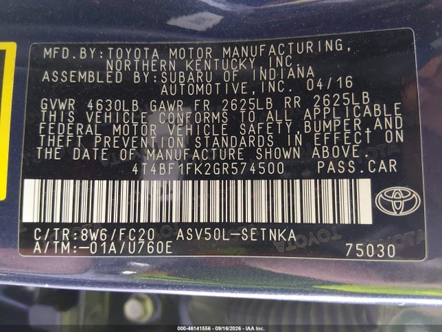 Продаж на аукціоні авто 2016 Toyota Camry Le, vin: 4T4BF1FK2GR574500, номер лоту: 46141556