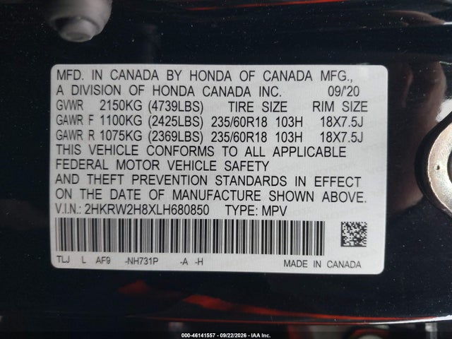 Продажа на аукционе авто 2020 Honda Cr-v Awd Ex-l, vin: 2HKRW2H8XLH680850, номер лота: 46141557