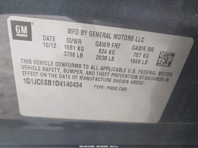 46141560 :رقم المزاد ، 1G1JC6SB1D4140434 vin ، 2013 Chevrolet Sonic Lt Auto مزاد بيع