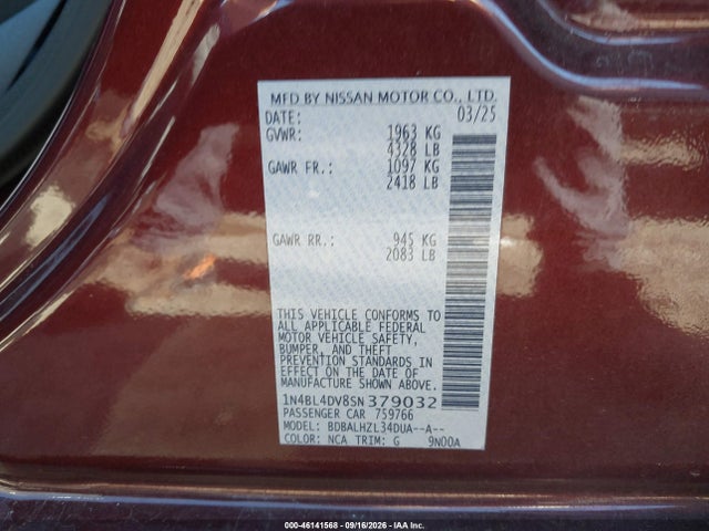 1N4BL4DV8SN379032 Nissan Altima Sv Fwd