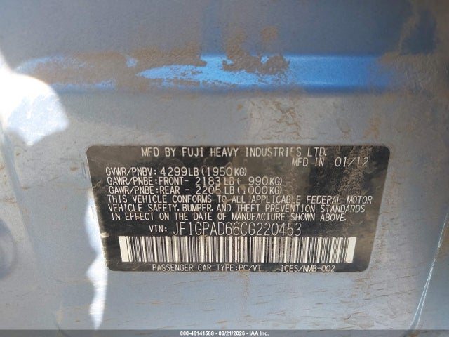 2012 Subaru Impreza 2.0i Premium მანქანა იყიდება აუქციონზე, vin: JF1GPAD66CG220453, აუქციონის ნომერი: 46141588