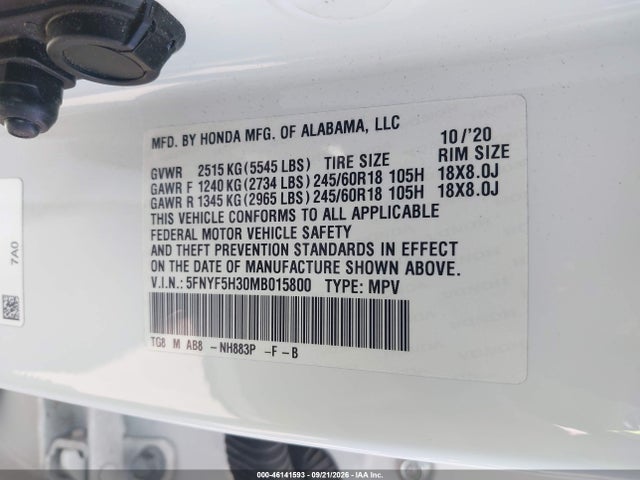 5FNYF5H30MB015800 Honda Pilot 2wd Ex
