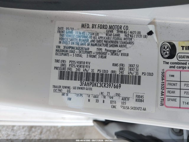 Продаж на аукціоні авто 2012 Ford Fusion Sport, vin: 3FAHP0KC3CR397669, номер лоту: 46141595
